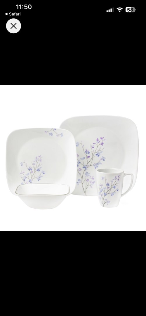 BNIB Corelle square 16piece dinnerware set (Jacaranda), Furniture