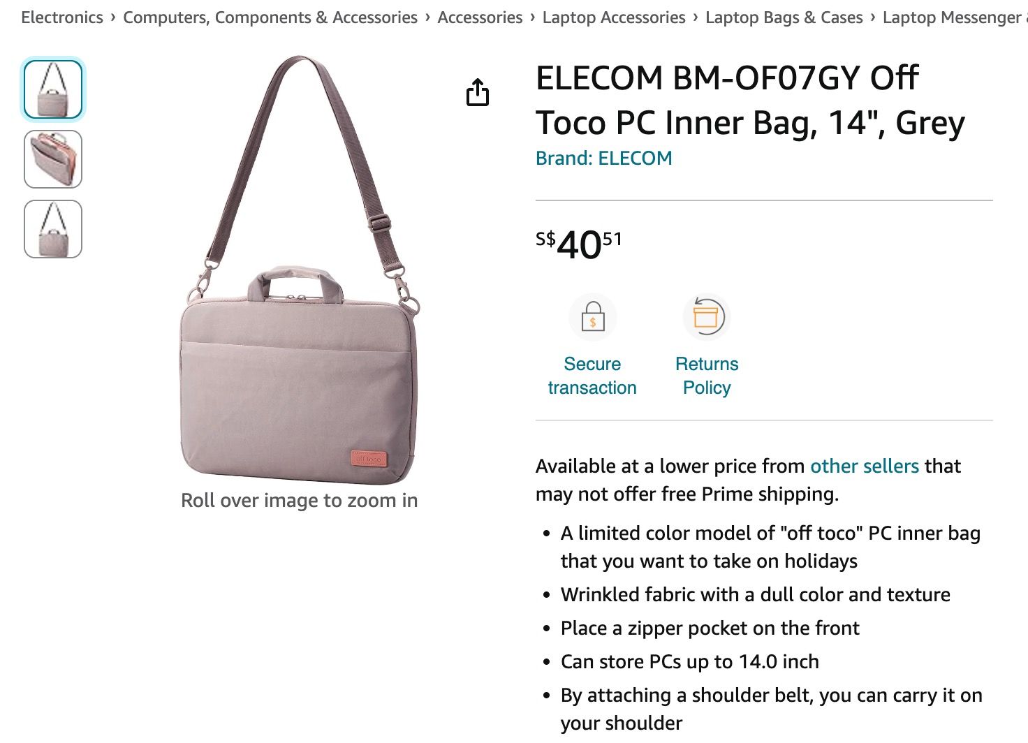 BNWT ELECOM BM-OF07GY Off Toco PC Inner Bag, 14