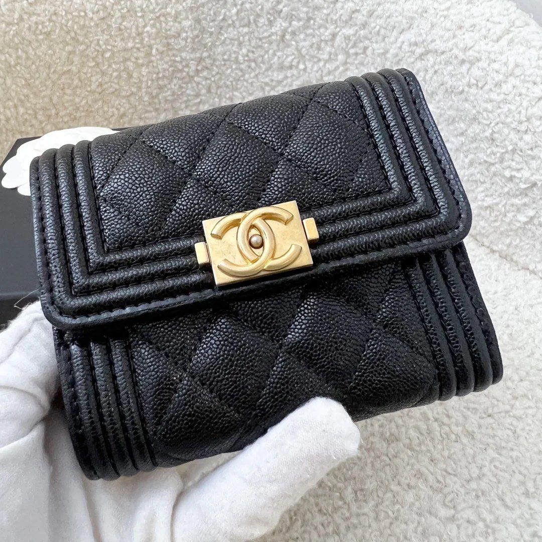 Chanel Boy Tri fold Wallet in Black Caviar, Luxury, Bags & Wallets on  Carousell
