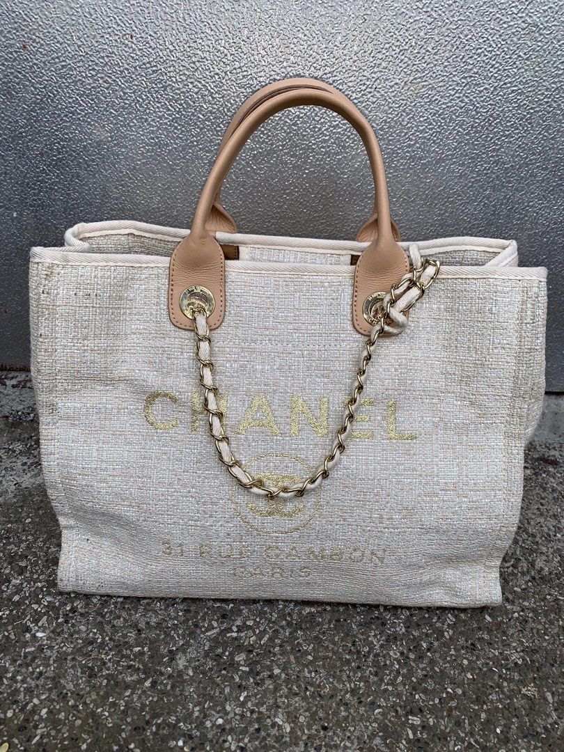 Chanel canvas large deauville tote light beige sales