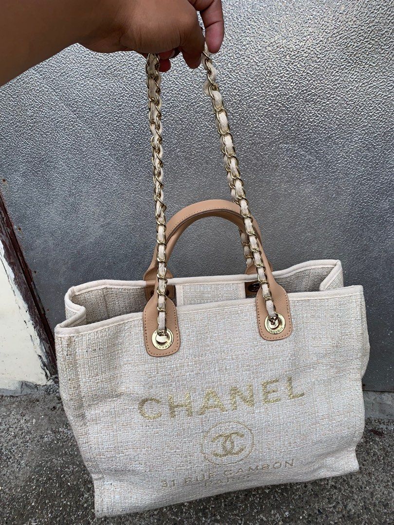 Chanel canvas large deauville tote light beige sales