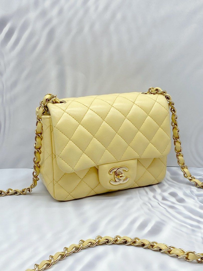 CHANEL MINI SQUARE FLAP BAG YELLOW LAMBSKIN LIGHT GOLD HARDWARE, Luxury,  Bags & Wallets on Carousell