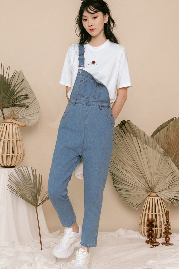 CAREY STRAIGHT LEG DENIM DUNGAREE IN MID WASH