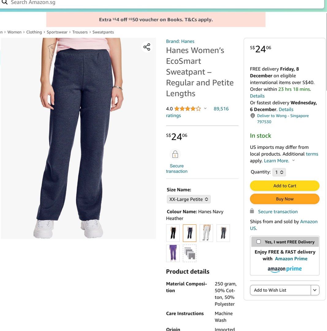 Hanes Women's EcoSmart Sweatpant - USA XXL petite, Women's Fashion,  Bottoms, Jeans & Leggings on Carousell