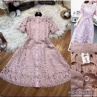 HQ pink lace guipre button midi dress