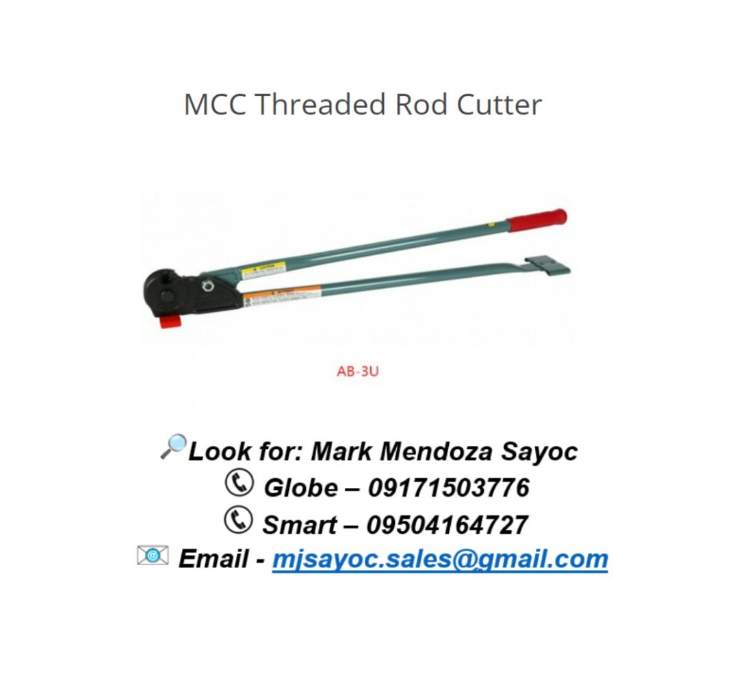 MCC Threaded Rod Cutter (Category: Construction Tools & Equipment) located in Pasay City. Submitted by gryffinindustrial2023 (Listing ID 1267651810, Image 1). Description: AB-3U Cutting cap. 3/8"NC 13,760.00 ABE-3U Die set for AB & RAB 3,125.00 .