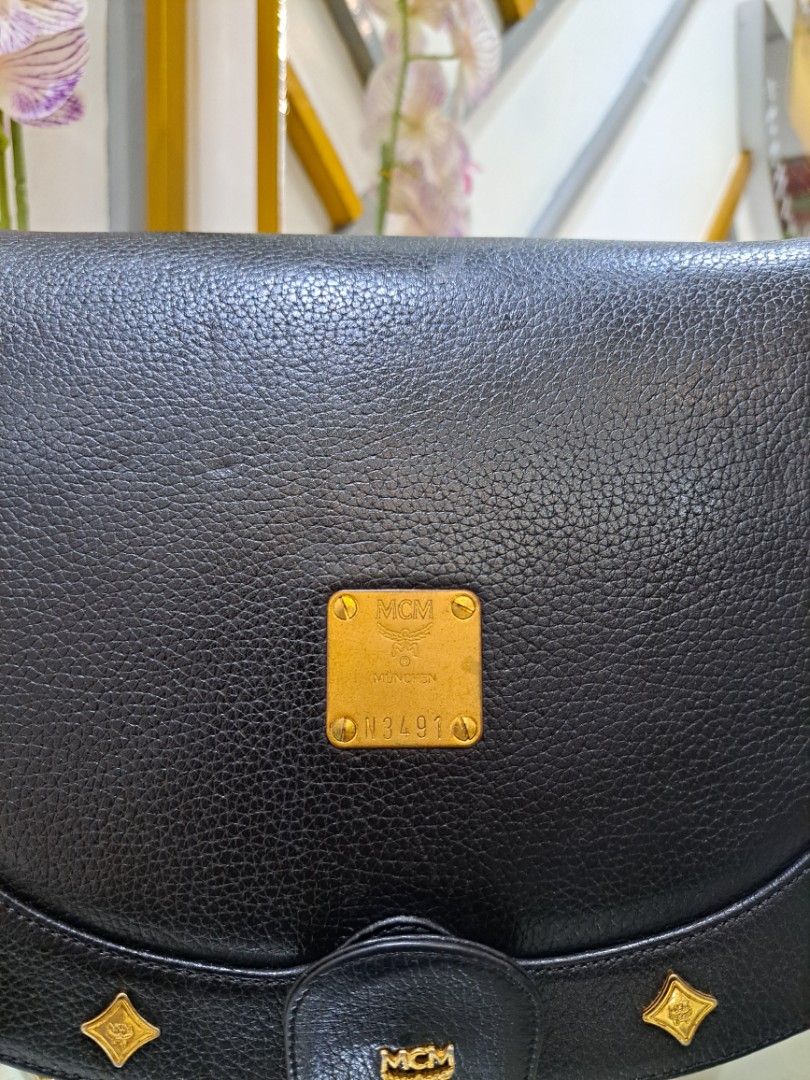 McM Black Leather Studded Flap Sling/Crossbody Bag, Luxury  display picture 2