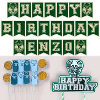 Milwaukee Bucks NBA Team Basketball Theme Birthday Party Banner Cupcake Cake Topper Decoration Personalized