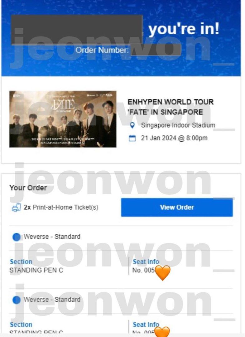 (NonProfit) 2x ENHYPEN Concert 2024 Singapore PEN C (Sunday, 21 Jan