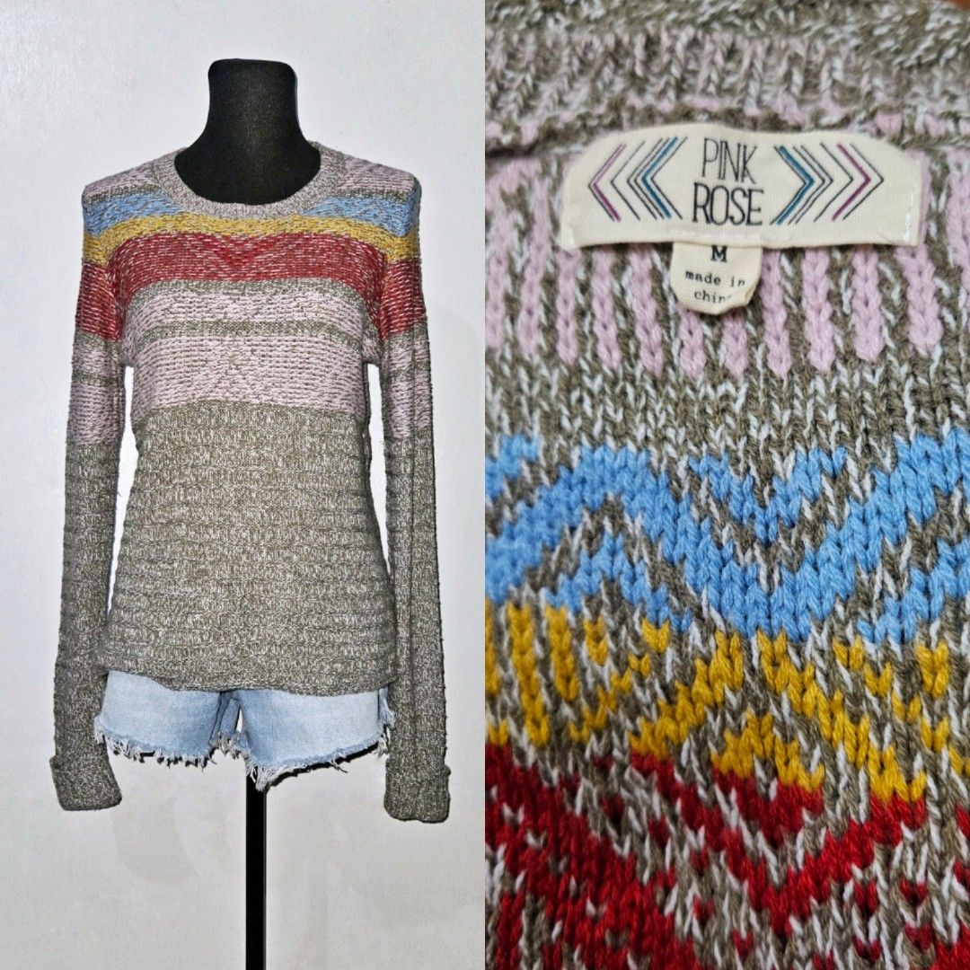 Pink Rose gray knit colorblock sweater colorful striped gray