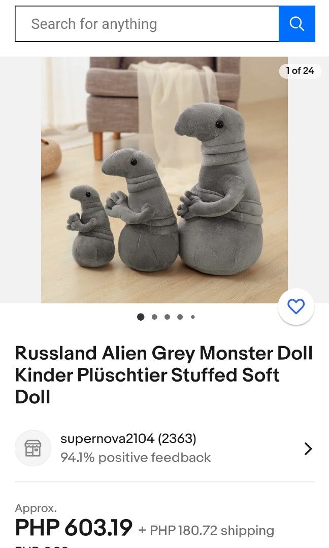 RUSSLAND ALIEN GREY MONSTER PLUSH TOY (Category: Plushies & Soft Toys) located in Makati City. Submitted by juriexpi (Listing ID 1267627734, Image 2). Description: 🔥RUSSLAND ALIEN GREY MONSTER PLUSH TOY🔥 ✅brand new condition ✅very soft, cuddly, fluffy ✅fur is very smooth ✅small size ✅what you see is what you get ✅perfect as gift or collection ✅original toy from UK.