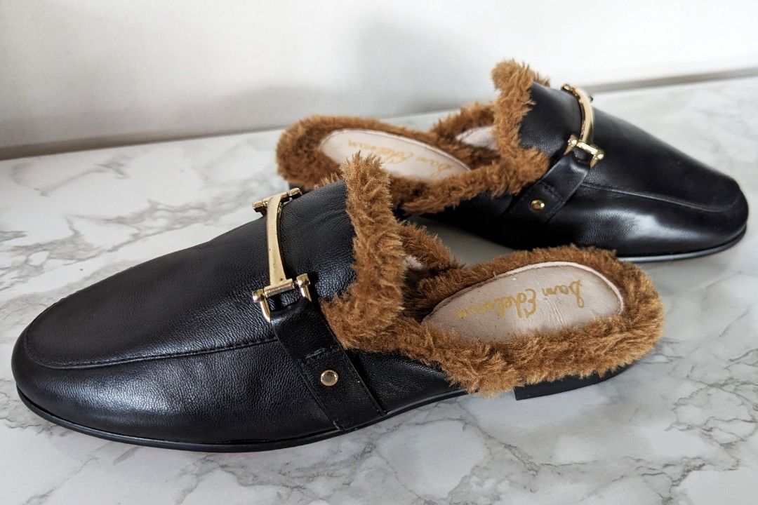 Sam Edelman Danica Black Leather with Fur Mules Size 6 or 23cm