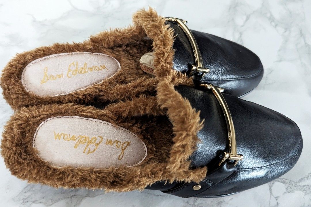 Sam Edelman Danica Black Leather with Fur Mules Size 6 or 23cm