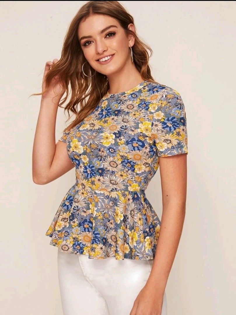 SHEIN Clasi Floral Print Short Sleeve Peplum Top Women s Fashion