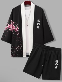 Shein Men Floral & Japanese Letter Kimono and Shorts Set