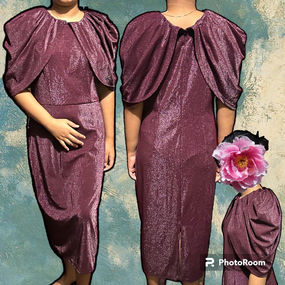 Shein Plus size Glittery Metallic Maroon Burgundy Batwing sleeves Gown/Cocktail/  Party and Event dress/ Vintage, Hollywood, Gatsby, Glitz and Glamour  Cocktail Gown, Women's Fashion, Dresses & Sets, Evening dresses & gowns on