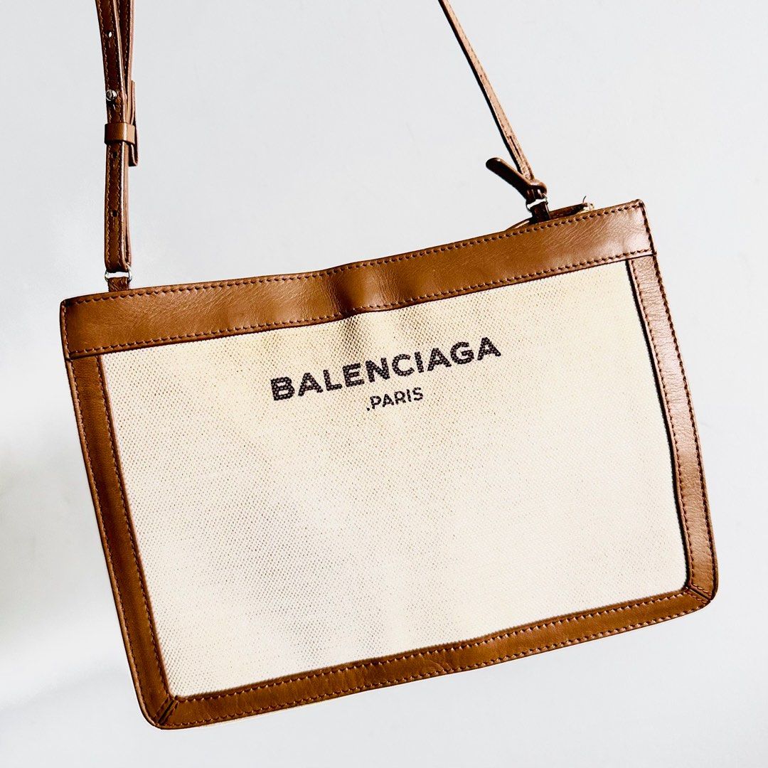STEAL Balenciaga Cabas AJ Caramel Brown White Logo Small Pochette Clutch Shoulder Sling Bag Authentic