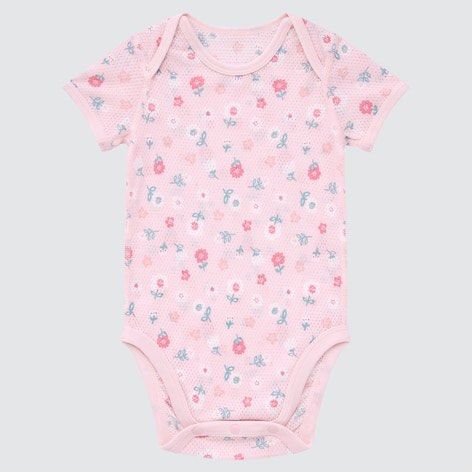 Uniqlo Baby mesh Romper onesie pink floral short sleeve cotton