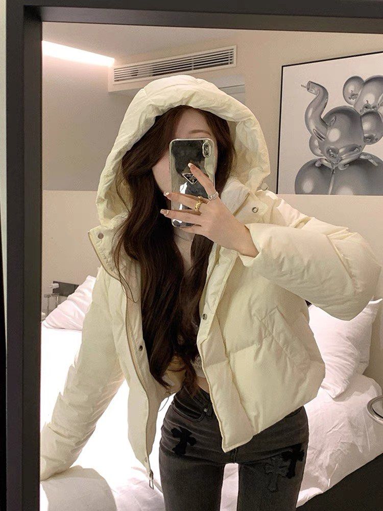 White Puffer Cropped Jacket with Hood