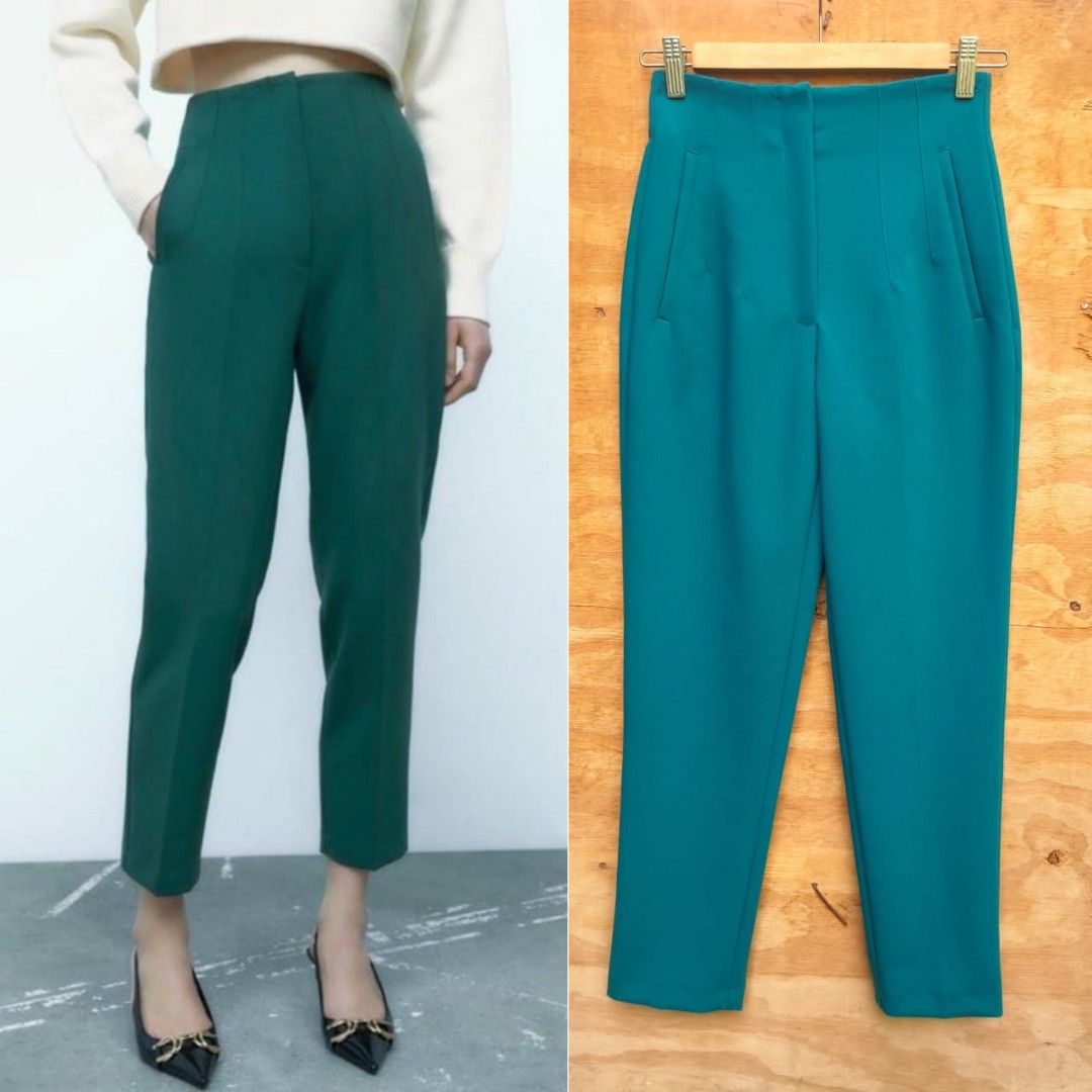 Zara Green Color High Waist Pants Trousers, Women's Fashion