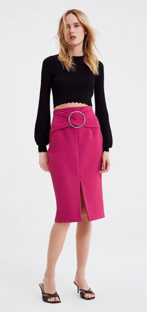 Zara Pink Skirt with slit and silver buckle, Women's Fashion, Bottoms