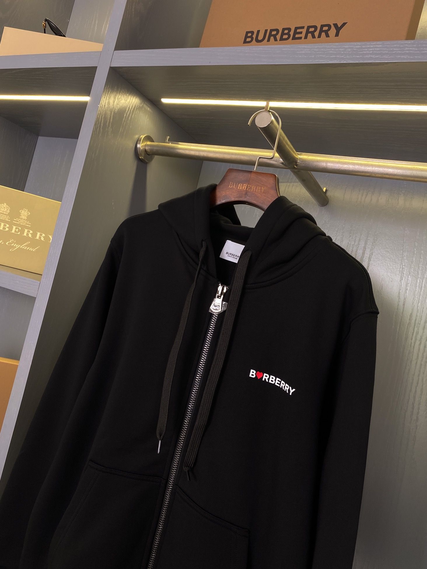 Authentic Burberry Heart Shaped Equestrian Rider Logo Cotton Loose Zipper Hooded Sweatshirt