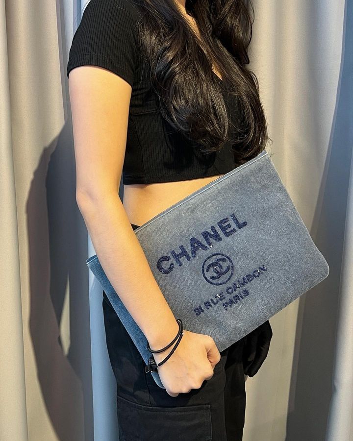 Chanel Brand New Deauville Blue Denim Sequin Large Clutch - LAR