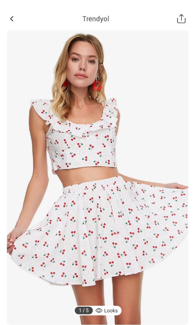 Cherry Print coordinates (Category: Sets & Coordinates) located in Makati City. Submitted by kfcalderon926 (Listing ID 1267865282, Image 1). Description: used once top and skirt coordinates brand trendyol super cute in actual fits small frame rfs: decluttering MOP: BPI/Gcash delivery: via Grab or Lalamove ONLY. sf c/o. buyer Location: Makati.