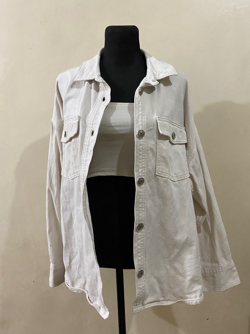 Cream Denim Jacket, Women's Fashion, Coats, Jackets and Outerwear on Carousell