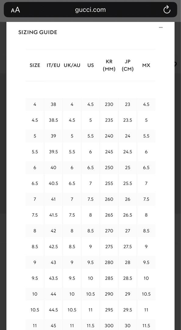 Gucci ace size hotsell chart