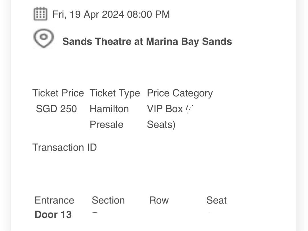 Hamilton An American Musical Opening Night 19 April Box Seats