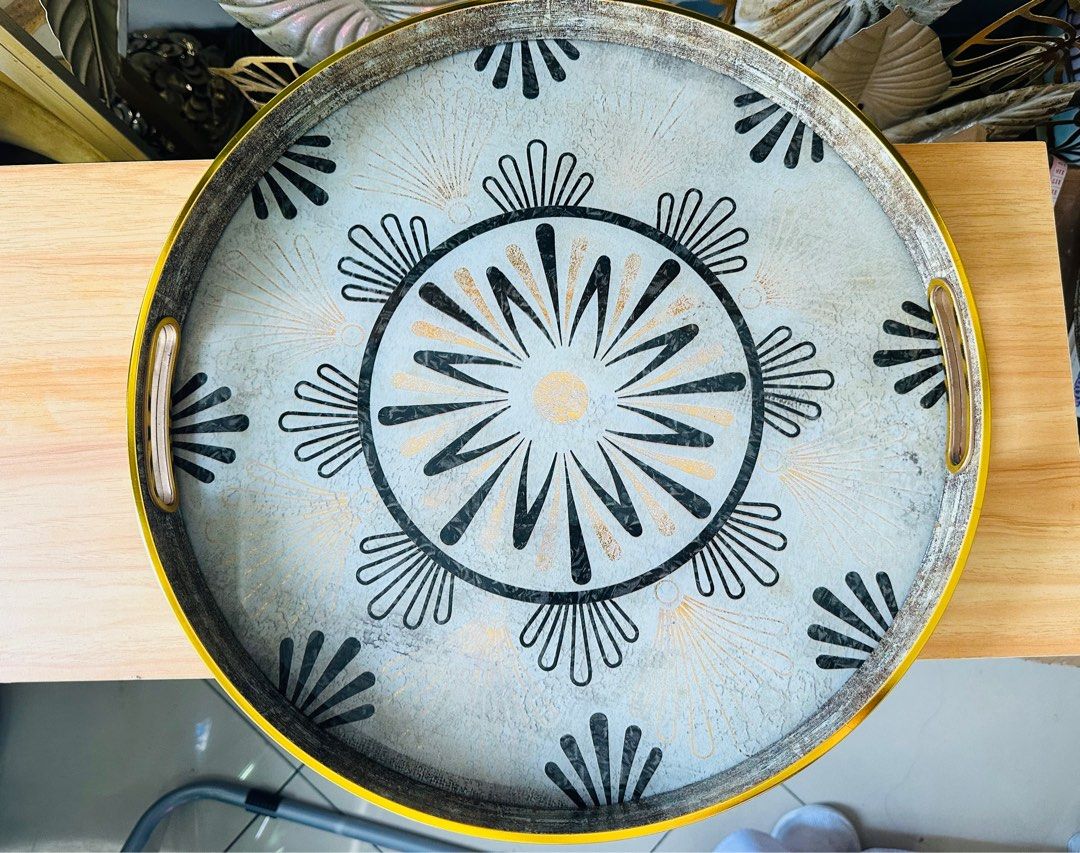 Circle Home decorative tray/ table accent with handle (Category: Other Home Decor) located in Mandaluyong City. Submitted by splashfashion.ph (Listing ID 1267821105, Image 2). Description: Large - 42x42x4cm -1,450 Medium-36x36x4cm -799 Material: plastic frame, glass on surface On hand ready to ship.
