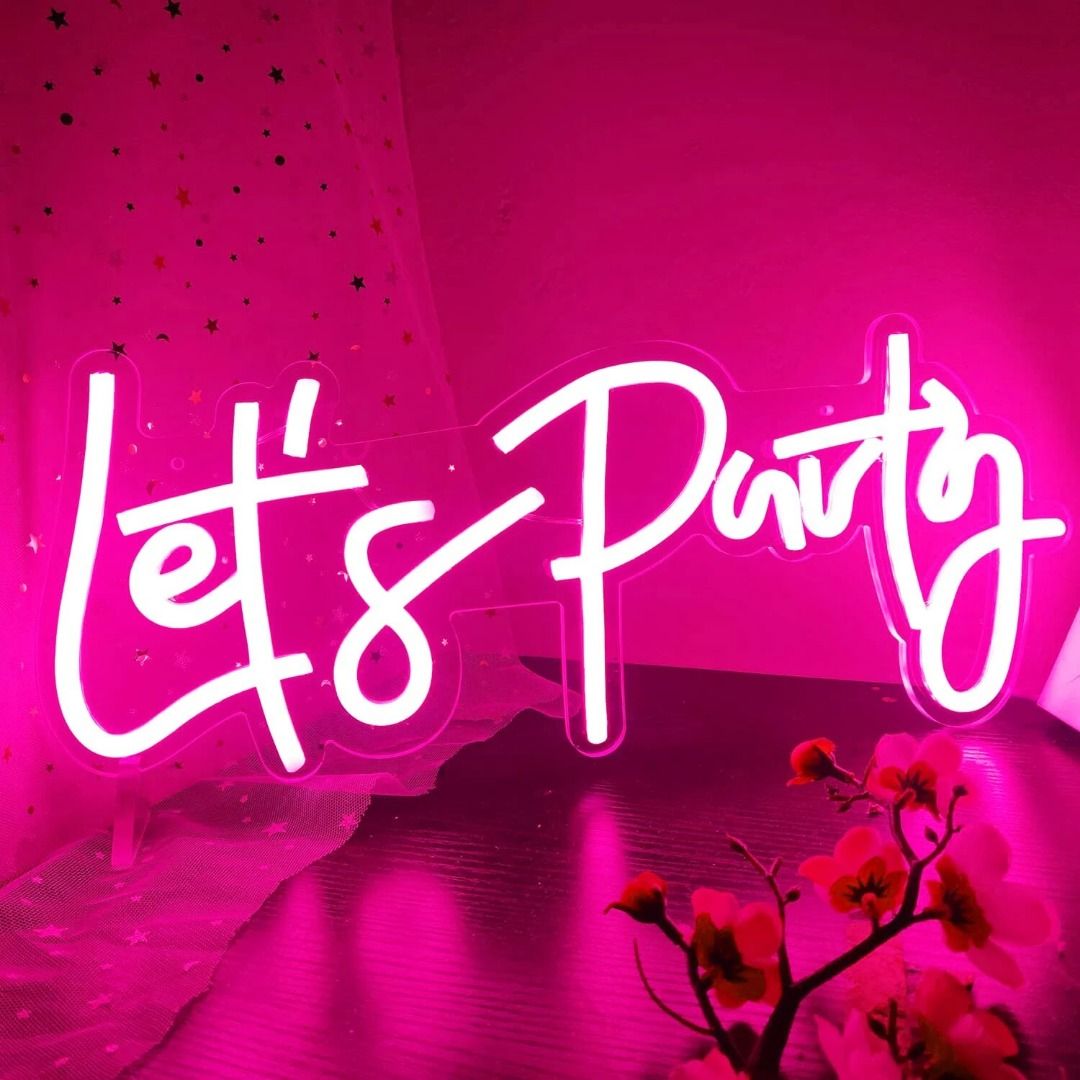 Let'S Party Led Neon Sign, 49.78*18.29 cm, Pink, Usb Powered, Wall-Mounted, Button Control, Versatile Use For Birthdays, Proms, Weddings, Engagement Parties