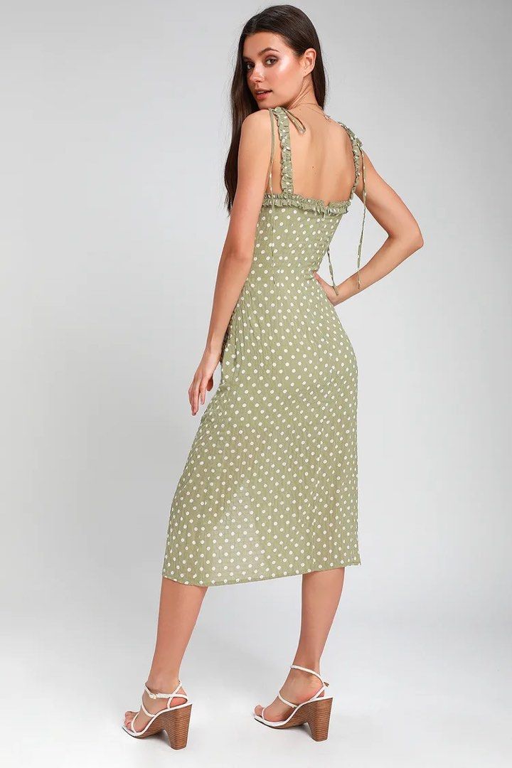 Lulus polka dot ruched midi dress, Women's Fashion, Dresses Sets