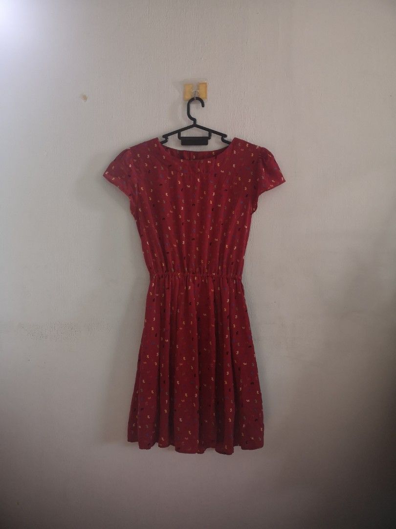 Maroon casual dress with dog prints