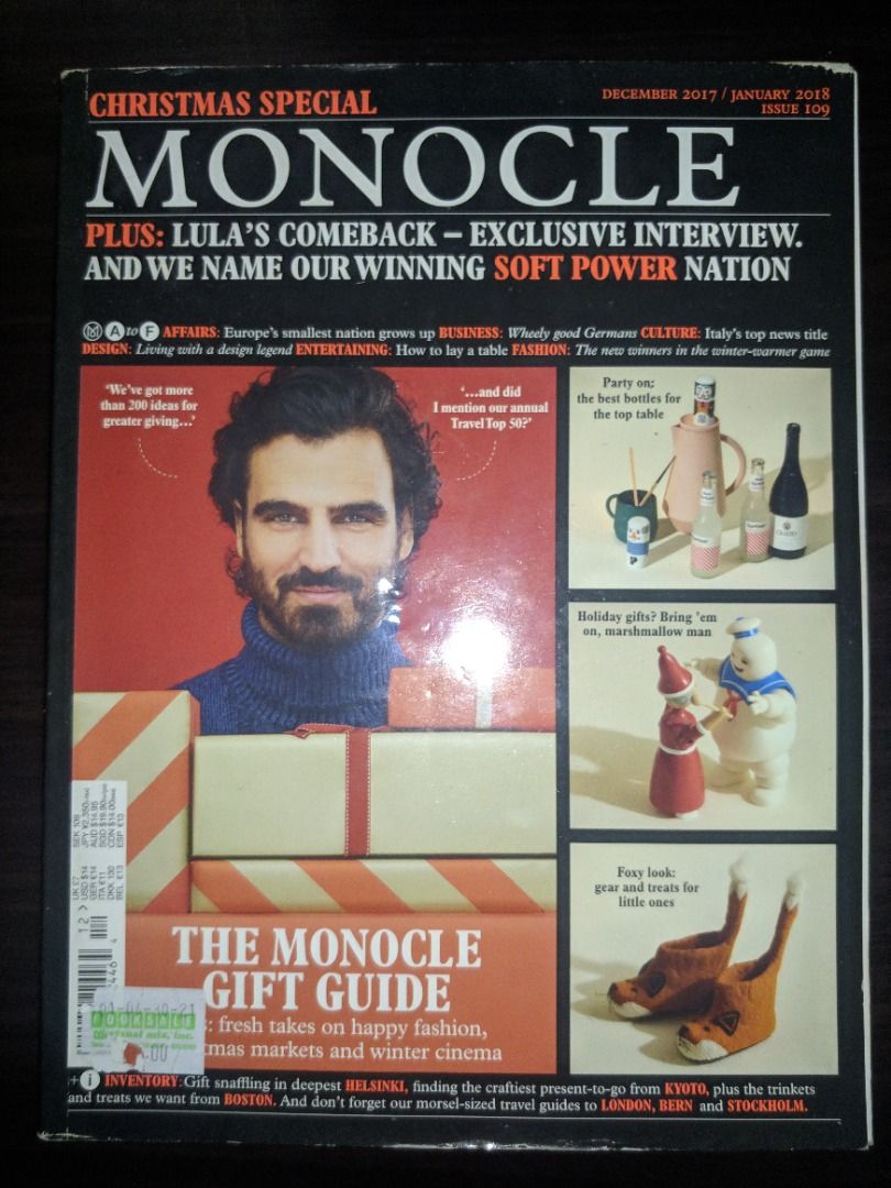 Monocle Magazine - Dec 2017/Jan 2018 (Category: Magazines) located in Dasmarinas. Submitted by jarzy82 (Listing ID 1267877783, Image 1). Description: Old Monocle Issue from 2018. DM me for photos of inside pages. MOP: GCash Courier: JRS | Lalamove (based on my availability) Shipping fee = buyer's responsibility. Thanks..