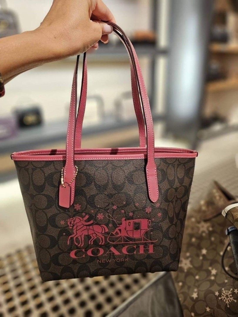 New Coach Original Dark Brown Signature Rose Pink MINI CITY TOTE