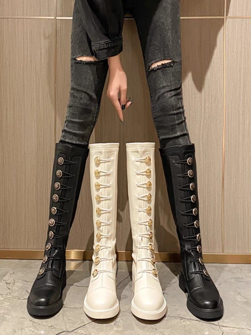 Off White Female Korean Military Lace Under Knee Boots Women s