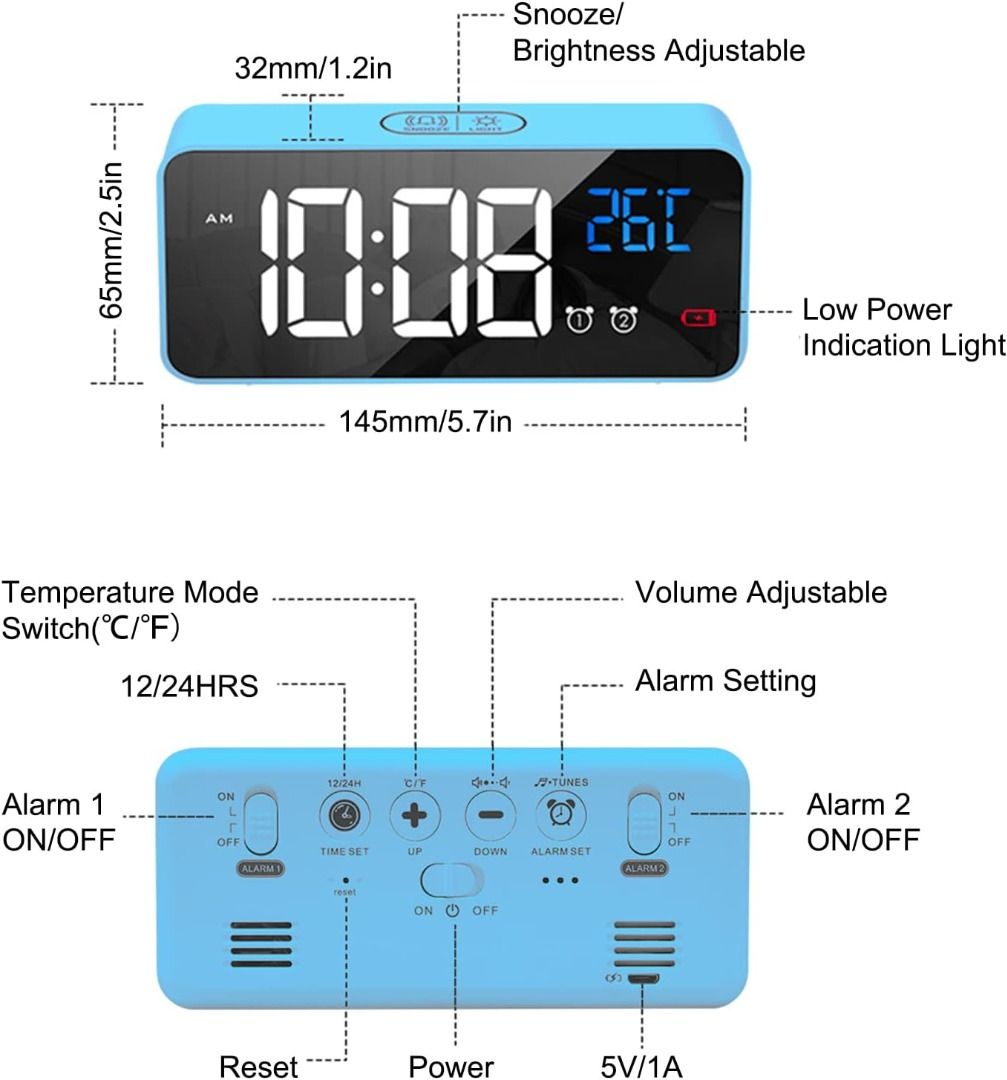 Alarm Clock, Digital Clock, Small Wall Clock, Battery Operated, Adjustable  3-Level Led Brightness, Dim Night Mode, 12/24Hr, Cordless, Constantly 1.2