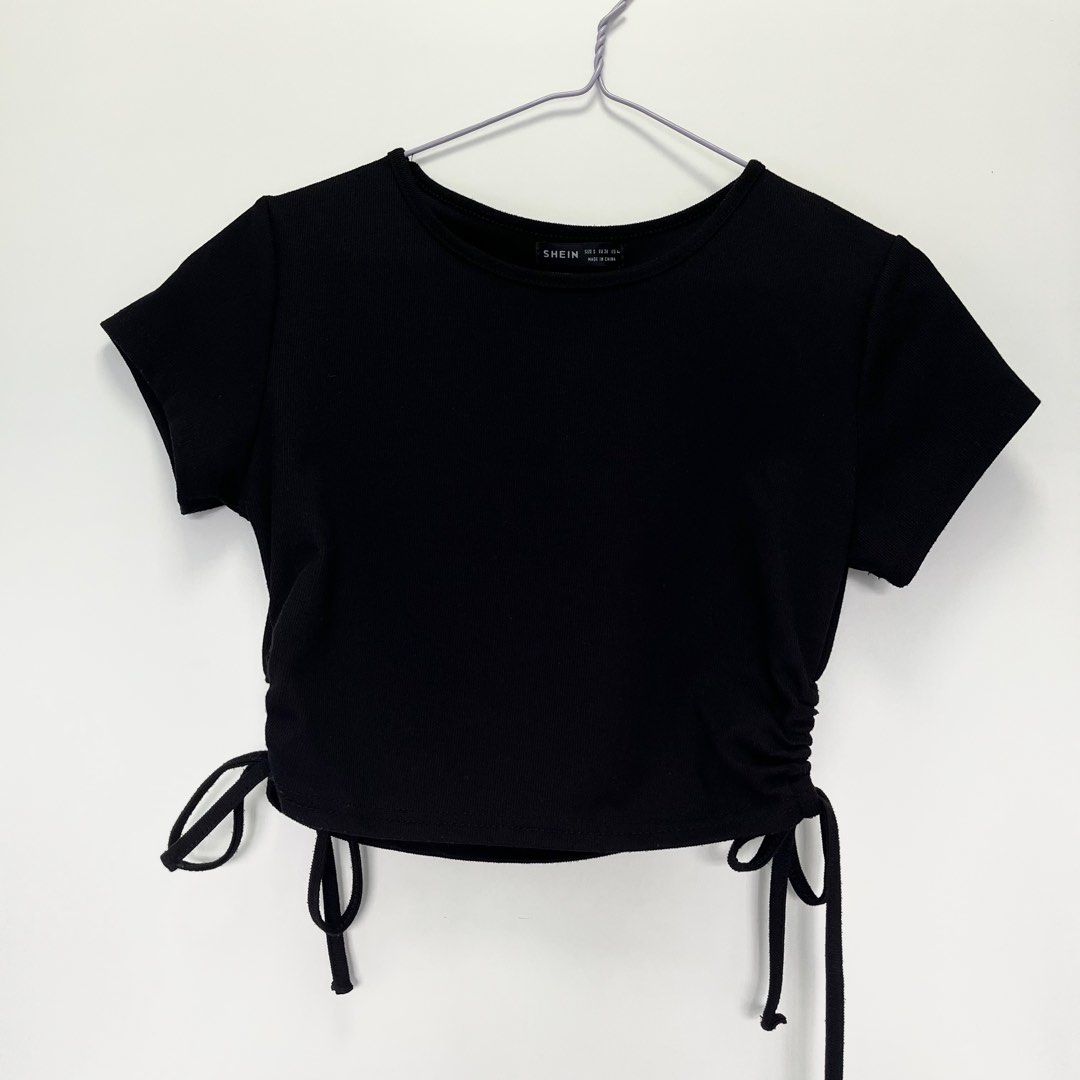side ruched drawstring crop tank halter top black top, Women's Fashion, Tops,  Sleeveless on Carousell