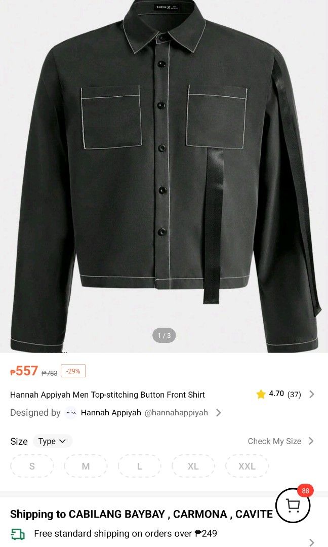 SHEIN Hannah Appiyah Men Top-stitching Button Front Shirt (Category: Coats, Jackets and Outerwear) located in Cavite. Submitted by krndr (Listing ID 1267885770, Image 1). Description: size Xl sold out na sa site ng shein sobrang bago paaa rfs: need funds for meet up and delivery, just send me a dm!.