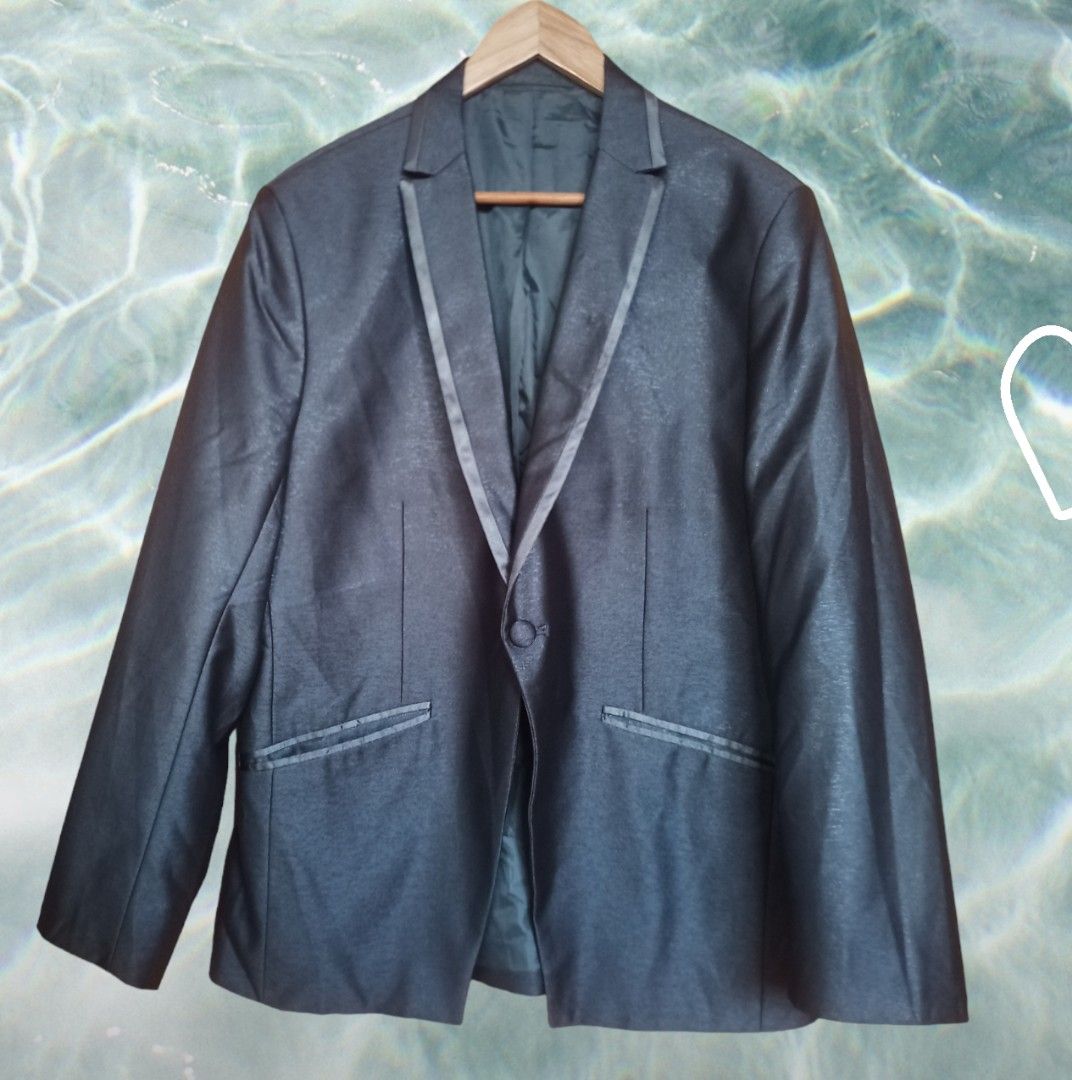 SILVER GRAY TUXEDO (COAT ONLY) (Category: Coats, Jackets and Outerwear) located in Baguio. Submitted by goodyfinds2600 (Listing ID 1267833400, Image 1). Description: Good quality men's silver gray tuxedo coat with shiny and smooth outer shell.From HK box. Like new condition, no discoloration, fine fabric. With fabric-covered buttons. Made in France 1 front button 1 back slit Size on tag: 52 Manual measurements in inches: Shoulder- 16.5" Armpit to