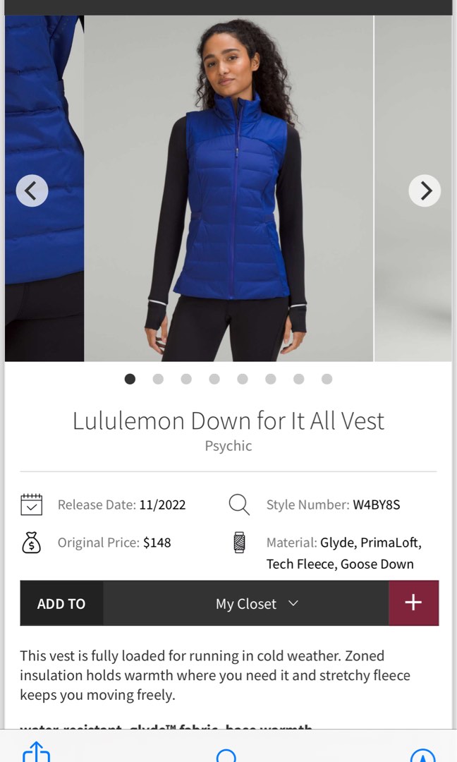 Size 10 Lululemon Down for it All Vest, Women's Fashion, Activewear on  Carousell