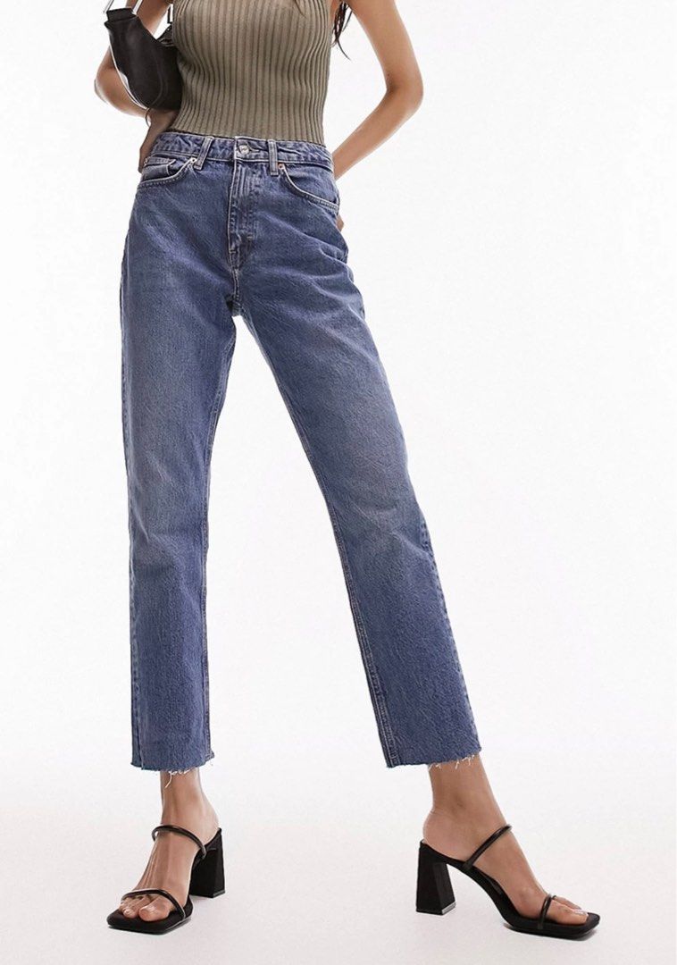 Topshop Straight Cotton Jeans Mid Blue, Women's Fashion, Bottoms - Main Image