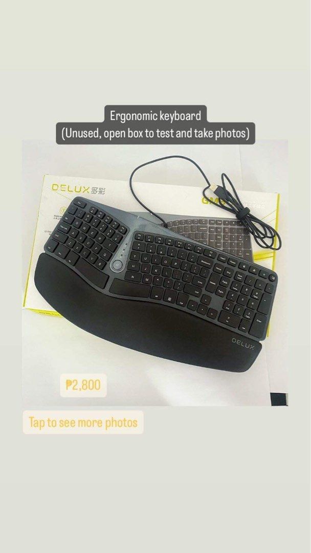 Unused Ergonomic Keyboard (Category: Computer Keyboard) located in Antipolo. Submitted by ahmbixiozah (Listing ID 1267739415, Image 1). Description: Brand : Delux Just opened box to test and to take photos .