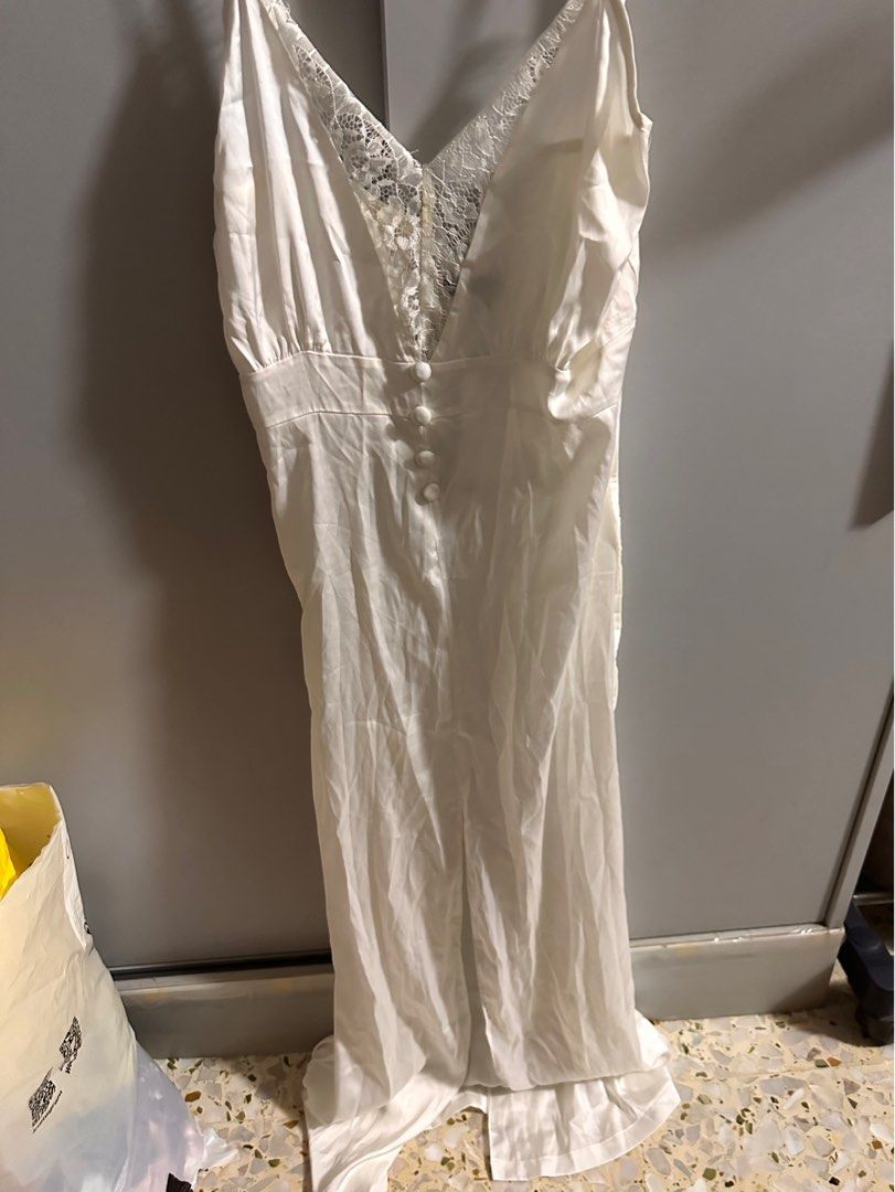 White lace maxi slip dress with front slit Women s Fashion