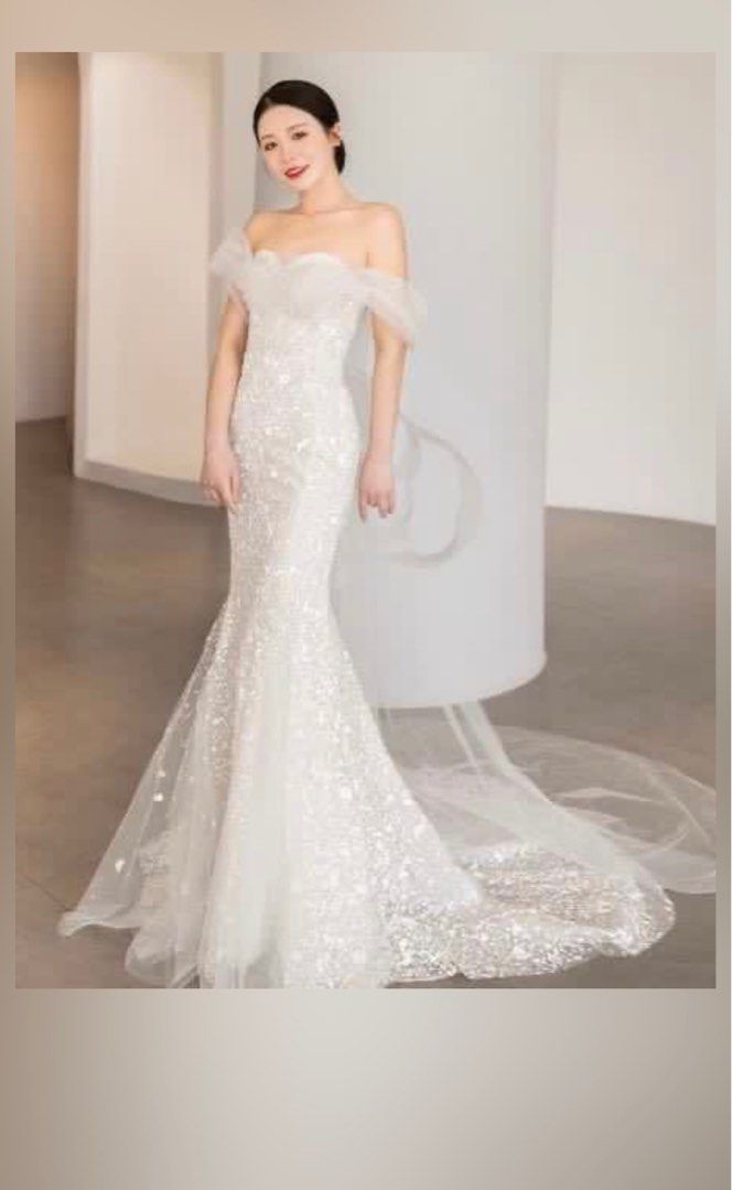 White Sparkly Wedding Dress With Organza Sleeve and Back Details