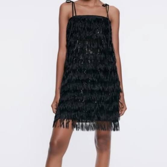 Zara Fringe shift sequin black sparkling glitter dress Women s