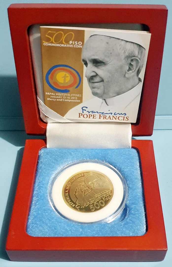 500 Piso Commemorative Coin Pope Francis (Category: Currency) located in Marilao. Submitted by BlueMonkey (Listing ID 1268043398, Image 1). Description: 500 Piso Commemorative Coin Pope Francis Papal Visit January 15-19, 2015 Location: Marilao, Bulacan Delivery: LBC, P70.00 P5,000.00 Delivery: LBC.