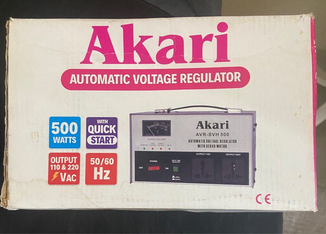 SALE ‼️‼️‼️Akari Automatic Voltage Regulator (Category: Electrical, Adaptors & Sockets) located in Quezon City. Submitted by elektra0111 (Listing ID 1267959461, Image 1). Description: Wattage: 500W 5 Multi-putpose outlets: - 2pcs Front (110V/220V) - 3pcs Back (220V) Frequency: 50/60Hz Outlet made of 100% copper With Servo Motor.